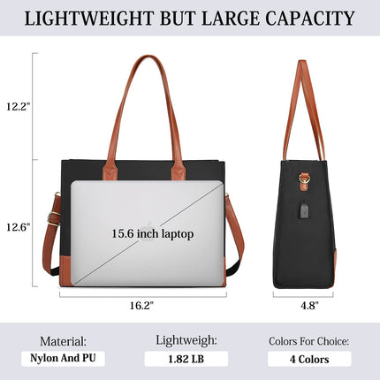 Tote Bag for Women Laptop Bag 15.6 Inch laptop USB Teacher Bag Large Work Bag Waterproof Nylon Shoulder Bag Black