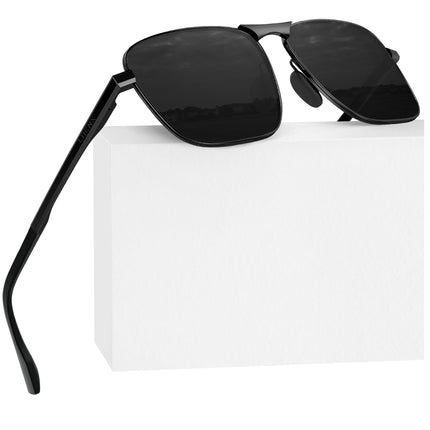 LUENX Men Rectangular Polarized Sunglasses Square Retro Shades - Black Lens Black Frame 59mm