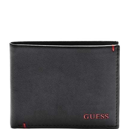 Guess Men's Leather Slim Bifold Wallet, Julian Black/Red, One Size