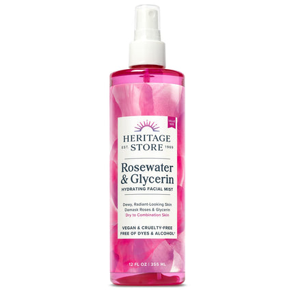 Heritage Store Rosewater & Glycerin Hydrating Facial Mist for Dewy, Radiant Skin | No Dyes or Alcohol, Cruelty Free (12oz)