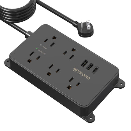 TROND Surge Protector Power Strip, 15ft Long Extension Cord, ETL Listed, 5 Widely Spaced AC Outlets, 3 USB Ports (1 USB C), 1300J, Low-Profile Flat Plug, Wall Mountable, for Kitchen Office, Black