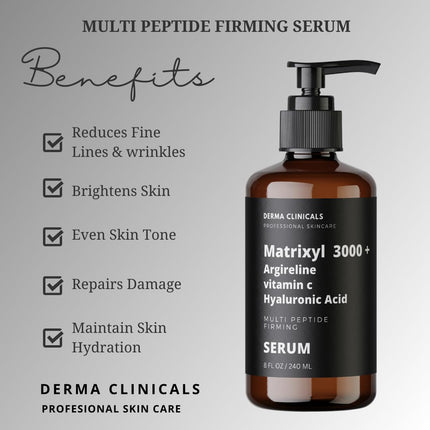 Matrixyl 3000 + Argireline, Vitamin C, Hyaluronic Acid Serum, Anti-Aging Face Serum, Anti-Wrinkle Serum for face, Multi Peptide Firming Serum - 8oz
