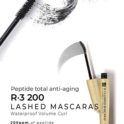 R-3 200 Lashed Mascara: Waterproof, Volumizing, Curling, Peptide-Enriched, Long-Wear, Black, Easy Removal