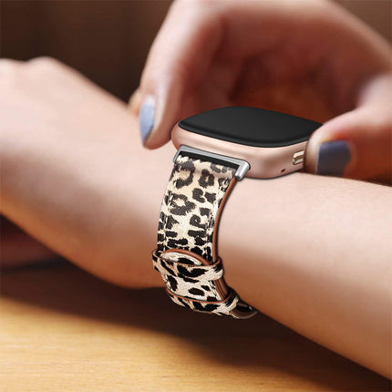 Fintie Bands Compatible with Fitbit Versa 4 / Fitbit Versa 3 / Sense 2 / Fitbit Sense, Genuine Leather Band Replacement Accessories Strap Wristband, Classic Leopard