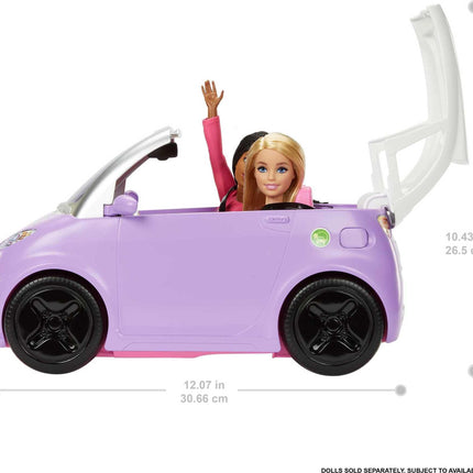 Barbie Toy Car "Electric Vehicle" with Charging Station, Plug and Sunroof, Purple 2-Seater Transforms into Convertible