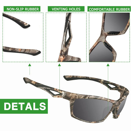 JIANGTUN Camo Sports Sunglasses Men Polarized,with TR90 Super Lightweight Frame for Fishing Hunting Cycling, Black Frame Grey Lens
