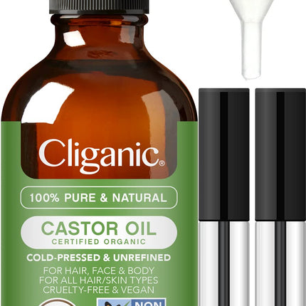 Cliganic Organic Castor Oil, 100% Pure (2oz with Eyelash Kit) - For Eyelashes, Eyebrows, Hair & Skin