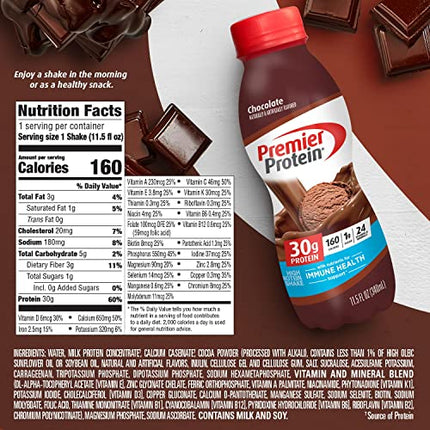 Premier Protein Shake, Chocolate, 30g Protein 1g Sugar 24 Vitamins Minerals Nutrients to Support Immune Health, 11.50 fl oz (Pack of 12)
