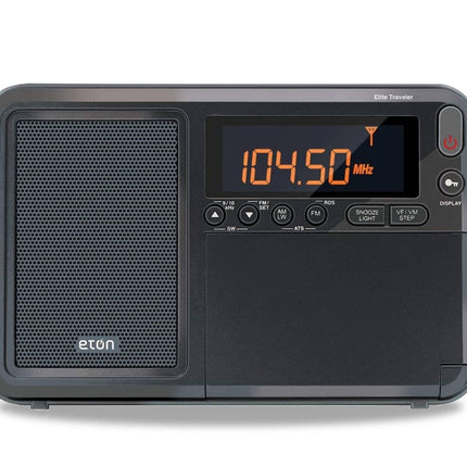 Eton - Elite Traveler AM/FM/LW/Shortwave Radio with RDS & Custom Leather Carry Cover, 500 Station Memory, Sleep Timer, Local/World Time Setting, Snooze Function, Orange LCD Display, Earphone Jack