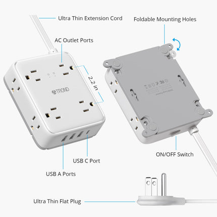 TROND Surge Protector Power Strip with USB, Ultra Thin Flat Plug 5ft Extension Cord 1625W, 3 USB A & 1 USB C, 8AC Outlets 1440J Surge Protection Wall Mount for Home Office Dorm Room Essentials, White