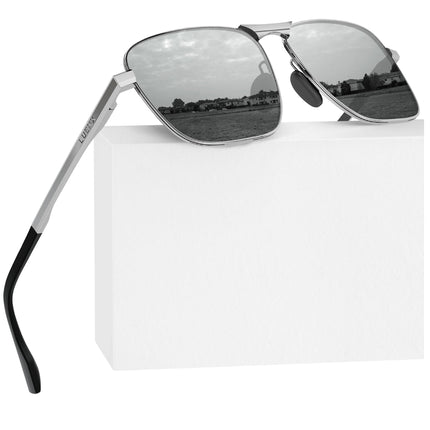 LUENX Men Rectangular Polarized Sunglasses Square Retro Shades - Silver Frame Silver Mirror Lens 59mm