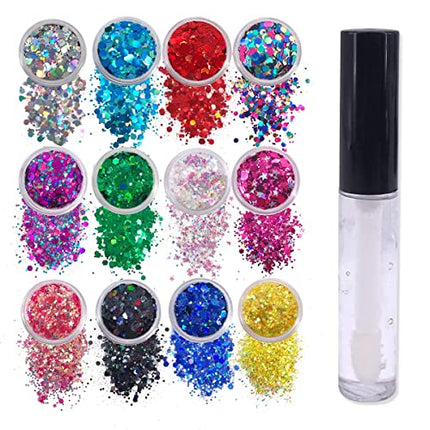 12 Pack - Multi-Colored Face & Body Glitter - Glue Included - Rainbow Chunky Glitter - Uses Include: Festival Rave Makeup Face Body Nails Resin Arts & Crafts, Resin, Tumblers, Bath Bombs