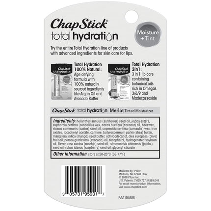 ChapStick Total Hydration Moisture + Tint Merlot Tinted Lip Balm Tube, Merlot Tinted ChapStick for Lip Care - 0.12 Oz