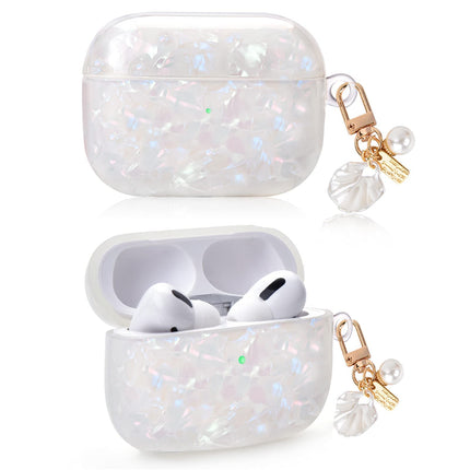 Cute AirPods Pro Case with Shell Pearl Keychain Bling Marble Design Hard TPU Cover Comparable with AirPod Pro Case for Girls and Womens