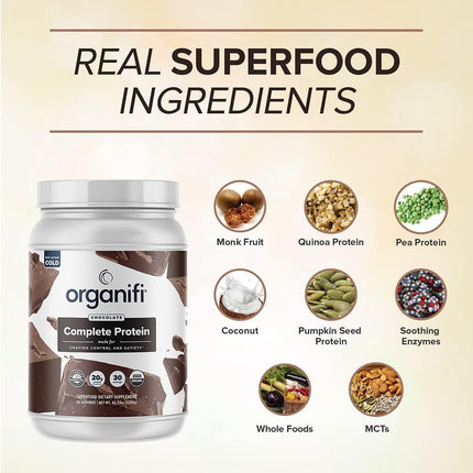 Buy Organifi Complete Protein Chocolate Flavor - Organic Vegan Plant Based Protein Powder with Enzymes - 30 Day Supply - No Soy, Dairy, or Gluten in India