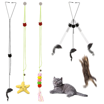 Cat Toys,Mice Toys for Indoor Cats,3 Pack Hanging Door Cat Toys with Tassel,Retractable Cat Toy with Rope Mouse Starfish Caterpillar,Interactive Cat Teaser Toy for Indoor Kitten Play Chase Exercise