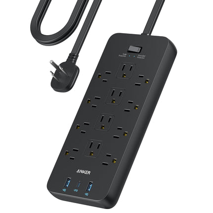 Surge Protector Flat Plug Power Strip(2100J), 12 AC Outlets, Anker 5ft Flat Extension Cord, 1USB C and 2 USB Ports for Multiple Devices, 20W Fast Charging for Home, Office, Dorm Essential, TUV Listed