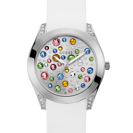 Buy GUESS Silver-Tone + White Stain Resistant Silicone Multi-Colored Crystal Watch. Color: White (Model: U1059L1) in India India