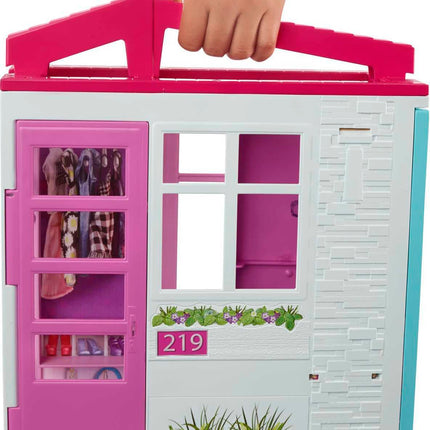 Barbie Doll House, Portable Playset with Carrying Handle and Accessories, Kitchen, Bedroom, Bathroom and Patio Pool