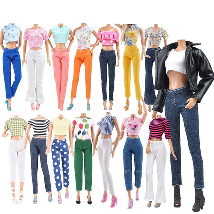 E-TING Lot 15 Items = 5 Sets Doll Clothes with 10 Pair Shoes Accessories for 11.5 Inch Girl Doll Outfits Random Style(Leather Jacket + Casual Wear)