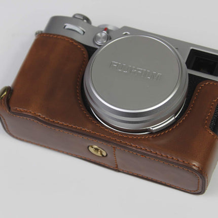 X100V Case, BolinUS Handmade PU Leather Half Camera Case Bag Cover Bottom Opening Version for Fujifilm Fuji X100V with Hand Strap (Coffee)