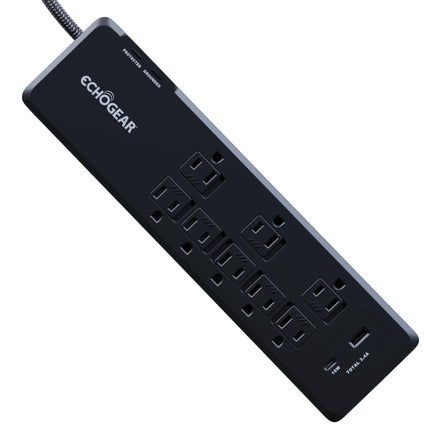 ECHOGEAR PowerBlitz Surge Protector Power Strip with USB-A & USB-C Ports - Low Profile Design with Braided 6' Cord, Flat Plug & 2160 Joules of Multi Outlet Surge Protection - Black