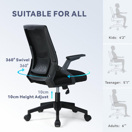 COMHOMA Computer Desk Chair, Ergonomic Office Chair with Flip-up Armrests Foldable Mesh Task Chair with Wheels Adaptive Lumbar Support Swivel Tilt Comfortable Study Chair for Student, Black