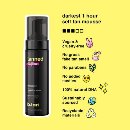 b.tan Dark Self Tanner | Get Tanned - Fast, 1 Hour Sunless Tanner Mousse, No Fake Tan Smell, No Added Nasties, Vegan, Cruelty Free, 6.7 Fl Oz