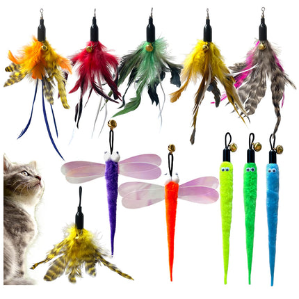 Cat Toy Fishing Pole Attachments Cat Toy Wand Refills,Cat Teaser Toy Refills Cat Fishing Pole Toy attachments Dragonfly Worm Refill for Cat Indoor Toy (11Pcs（Feathers+Dragonfly+Worm）)