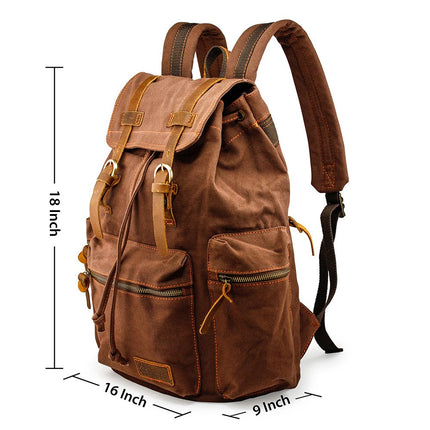 GEARONIC 21L Vintage Canvas Backpack for Men Women Leather Rucksack Knapsack 15 inch Laptop Tote Satchel College Military Army Shoulder Rucksack Hiking Bag-Coffee