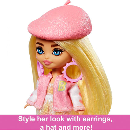 Barbie Extra Mini Minis Doll with Blonde Hair, Beret, Varsity Jacket & Accessories & Stand, 3.25-inch