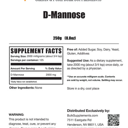 BULKSUPPLEMENTS.COM D-Mannose Powder - D_Mannose Supplement, D-Mannose 2000mg - Urinary Tract Health, Unflavored & Gluten Free - 2000mg per Serving, 250g (8.8 oz), Pack of 1