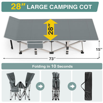 ZENPETIO 28In Folding Camping Cot for Adult, Portable Sleeping Cot with Mattress, Outdoor Heavy Duty Cot Bed for Camp with Carry Bag for Home, Office, Camp, Travel, Vacation(Max Loading 500lbs)