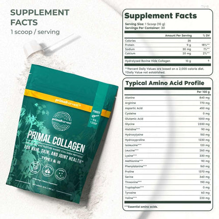 Primal Harvest Collagen Powder for Women or Men Primal Collagen Peptides Powder Type I & III, 10 Oz Collagen Protein Powder for Hair, Skin, Nails (Single, Unflavored)