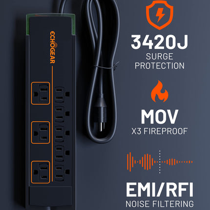 ECHOGEAR ShockBlocker 8 Outlet Surge Protector Power Strip - Slim Design Can Power & Protect Your Entire TV, Office, Or Gaming Setup - Advanced Surge Suppressor with 3420 Joules of Protection