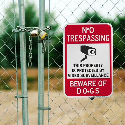 SmartSign 18 x 12 inch “No Trespassing - Private Property Protected By Video Surveillance, Beware Of Dogs” Metal Sign, 63 mil Laminated Rustproof Aluminum, Red, Black and White