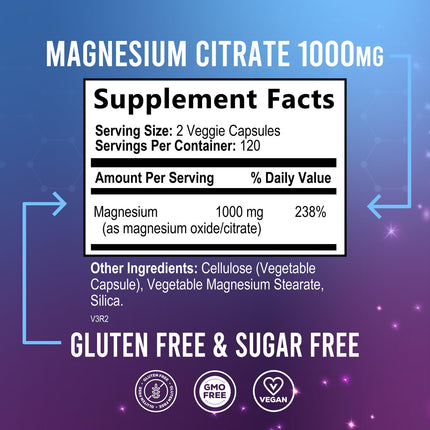 Magnesium Citrate Capsules 1000mg - Max Absorption Magnesium Powder Capsules for Muscle, Nerve, Bone and Heart Health Support, High Absorption Citrate Complex, Gluten Free, Non-GMO - 240 Capsules