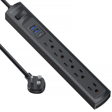 TROND Power Strip Surge Protector, 5 Widely Spaced Outlets and 3 USB Ports (1 USB C), Extension Cord 6ft, 1440J Surge Protector, Wall Mountable, Flat Plug Power Strip for Home Office, Black