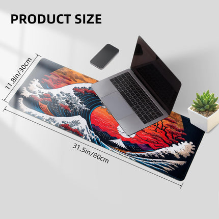 Hopipad Japanese Sea Waves Large Gaming Mouse Pad for Desk, Desk Mat with Seamed Edges, Waterproof Desk Pad, Non-Slip Rubber Base, 31.5x11.8 Inch Keyboard Pad Computer Mat, Big XL Mousepad
