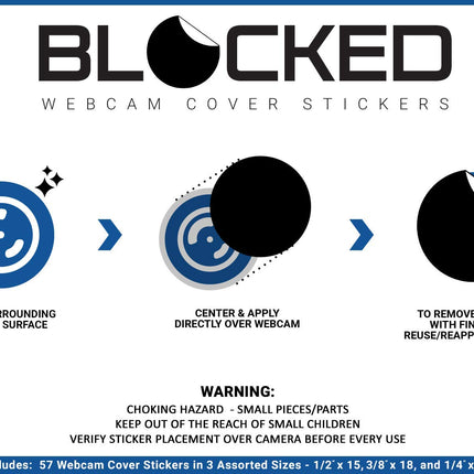 BLOCKED Webcam/Camera Vinyl Covers | 57 Low-Tack Restickable Webcam Sticker | 3-Sizes | Black 57-Pack (Muted Matte)