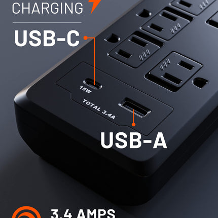 ECHOGEAR PowerBlitz Surge Protector Power Strip with USB-A & USB-C Ports - Low Profile Design with Braided 6' Cord, Flat Plug & 2160 Joules of Multi Outlet Surge Protection - Black