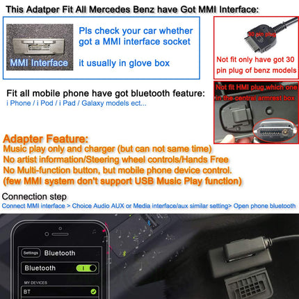 Bojer Bluetooth Adapter Compatible with Mercedes Benz MMI Port Cell Phone Apple iPhone iPod Android Capable Devices Play HiFi Music