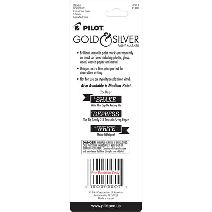 Pilot Metallic Permanent Paint Markers, 1 Each Gold & Silver, Extra Fine Point, Set of 2 (41400)