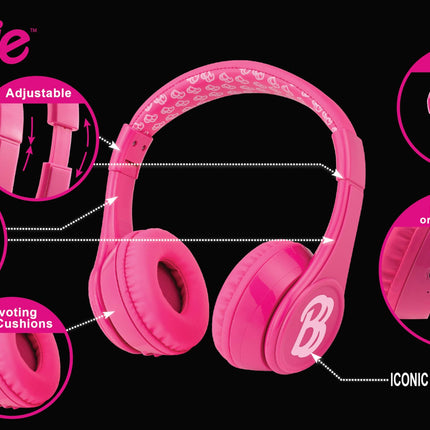 eKids Barbie Bluetooth Headphones, Pink Wireless Headphones with Microphone includes Aux Cord, Volume Reduced Kids Foldable Headphones for School, Home, or Travel