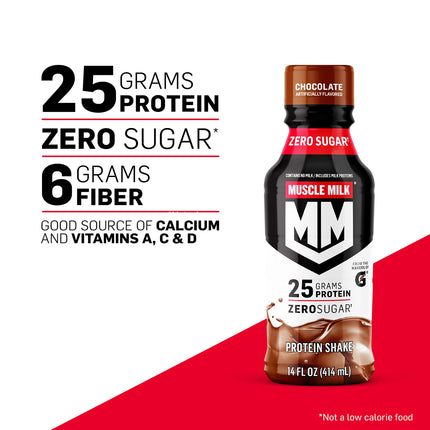 Muscle Milk Genuine Protein Shake, Chocolate, 14 Fl Oz Bottle, 12 Pack, 25g Protein, Zero Sugar, Calcium, Vitamins A, C & D, 6g Fiber, Energizing Snack, Workout Recovery, Packaging May Vary