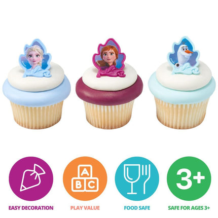 DecoPac Frozen II Rings, Cupcake Decorations Featuring Elsa, Anna, And Olaf For Birthday And Christmas Celebrations - 24 Pack