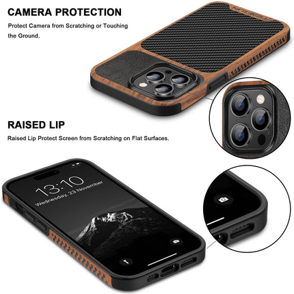 TENDLIN Compatible with iPhone 14 Pro Max Case Wood Grain with Carbon Fiber Texture Design Leather Hybrid Slim Case Black