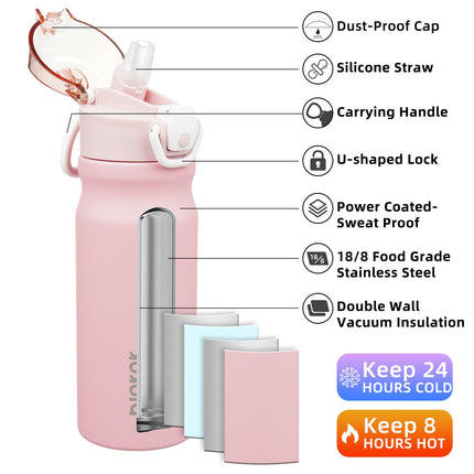 BJPKPK Water Bottle With Straw 18oz Insulated Water Bottles Reusable Stainless Steel Metal Thermos With Leak Proof Lockable Lid And Carry Handle,Light Pink