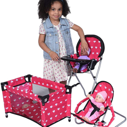 The New York Doll Collection Dolls Mega Play Set with Dolls High Chair, 3-1 Doll Bouncer and Pack N Play Pink for 18-inch Dolls