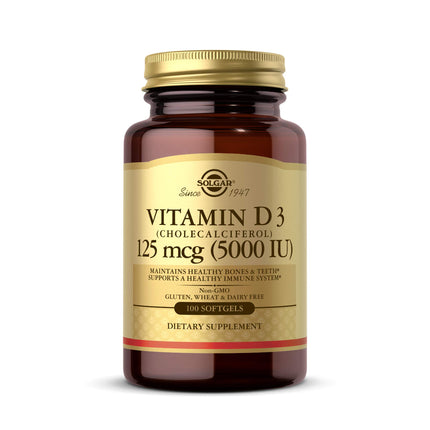 Solgar Vitamin D3 (Cholecalciferol) 125 mcg (5000 IU), 100 Softgels - Helps Maintain Healthy Bones & Teeth - Immune System Support - Non-GMO, Gluten Free, Dairy Free - 100 Servings
